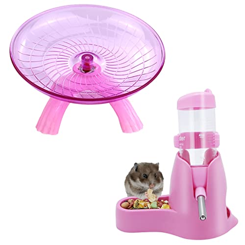 3 in 1 Hamster Water Bottle + Flying Saucer Exercise Wheel for Dwarf Hamster Mouse Rat Hedgehog (Pink, 80ml)