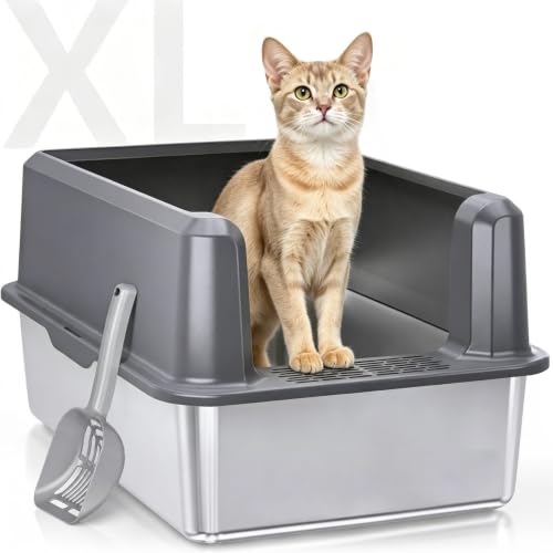 Stainless Steel Litter Box, Open Top High Sided Cat Litter Box for Big Cat | XL, 1 Scoop, Anti-Urine Leakage, Non-Stick Odor-Free, Easy Clean, High Sides Block Spray, Reduce Litter Tracking, Durable - color: 25-Mid Grey