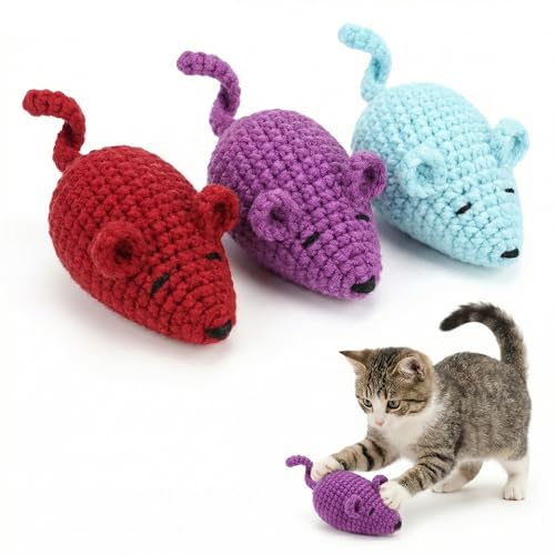 Catnip Toys Crochet Mice Cat Toys, 3 Pcs Handmade Durable Yarn Mice Toys with Natural Catnip & Silvervine, Interactive Kitten Chew Kicker Toy for Teeth Cleaning & Anxiety Relief - color: 3pcs