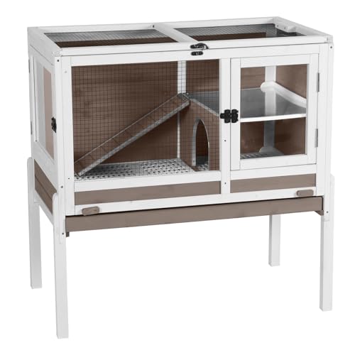 GUTINNEEN Guinea Pig Cages with Anti Chewing Sturdy Plastic Floor and Cool Zinc Plate, Indoor Rabbit Hutch with Hideout and Platform, Elevated Legs Hamster Cage 36.6" L (Brown) - color: Brown