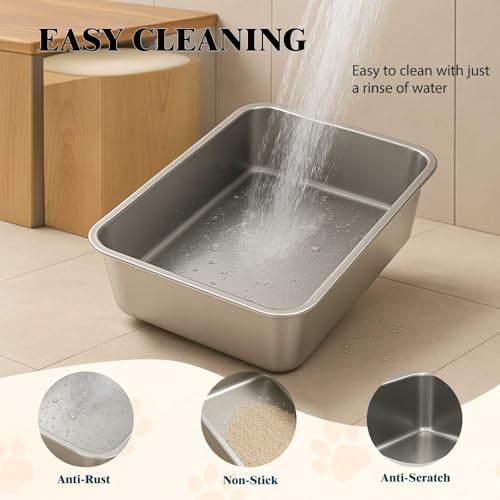 FELIO Stainless Steel Cat Litter Box - Large Metal High Side Litter Box, 23.4" L×15.5" W×5.9" H, Splash-Proof and Non-Stick Cat Poop Box odorless, Easy to Clean for Big Cats, Rabbit, Dog, Ferret - size: Large