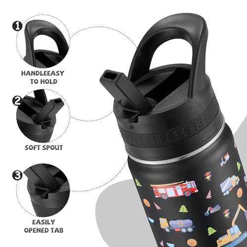 14 Oz Kids Water Bottle, Stainless Steel Water Bottle with Straws, Leak-Proof, BPA-Free, Insulated Water Bottles for School Boys & Girls|Black Car - color: Black cartoon car
