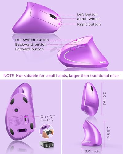 Lekvey Ergonomic Mouse, Rechargeable Vertical Wireless Mouse, Purple | USB-C Charging, 2.4G USB Wireless, Plug & Play, 3 DPI (800/1200/1600), Quiet Clicks, Carpal Tunnel Mouse, for Laptop, PC, Mac - color: Purple