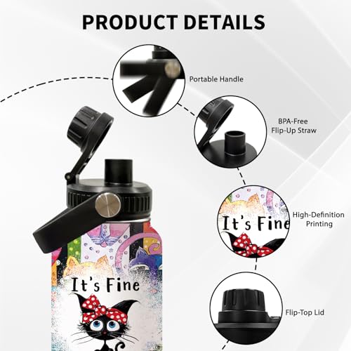 Cat 32oz Water Bottle, with Handle & Lid Bottle, Insulated Cup | 32oz Stainless Steel Tumbler, Leak-proof Reusable Mug, Christmas Birthday Gift for Funny Black Cat Lovers - color: Color Cat
