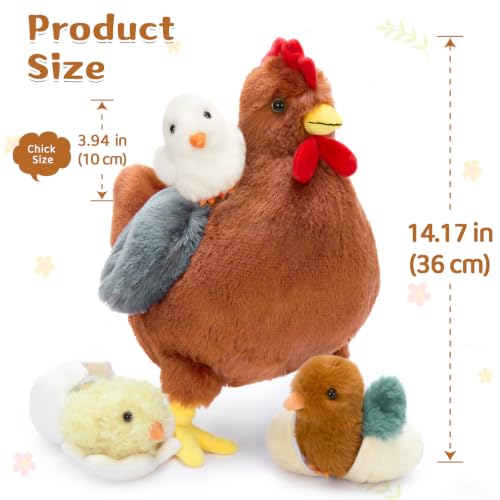 7Pcs Chicken Plush Toy with Babies, 14" Hen Stuffed Animal Set | Mother Chicken Plushie with 3 Chicks, 2 Eggs & 1 Nest; Farm animal Plush; Hide-and-Seek Play; Christmas Easter Gift for Kids - style: Chicken Brown