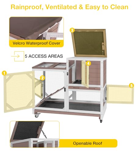 Aivituvin Rabbit Cage Indoor, 2-Story Bunny Cage with Leak-Proof Trays, Chew-Proof Wooden Rabbit Cage on Wheels for Small Pets (39.3" L x 22" W x 36.8" H) - Brown - color: Brown