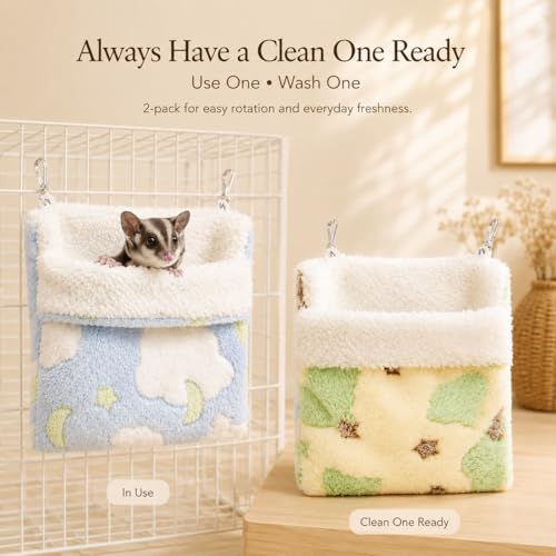 Meow&Woof Sugar Glider Bed Pouch, Small Animal Carrier Bag, 2PC Ferret Bedding Hammock, Hamster Cage Accessories for Rat, Squirrel and Chinchilla (Blue&Green)