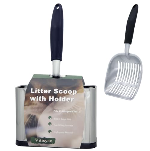 Full Metal Cat Litter Scoop with Holder, Stainless Steel Cat Litter Scooper Holder, Stainless-Steel Kitty Scoop Captures All Clumps, Heavy Duty Kitty Metal Scooper with Non-Slip Handle - color: Gray
