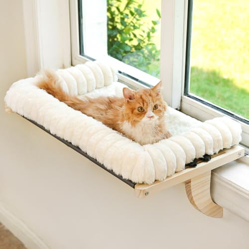 Cloud-Soft Cat Window Sill Perch with Zipper Designed Cushioned Bed, Supportive Cat Window Seat with Premium Solid Wood & Sturdy Metal Frame, Pet Hammock Bed for Large Cats (X-Large, White) - color: White, size: X-Large(27.5''x17'')