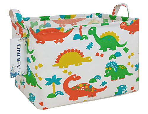 Rectangular Dinosaur Laundry Storage Bin for Adults and Kids | Damp resistant canvas fabric, sturdy stitched carry handles, foldable design organizes closet and playroom daily supplies - color: Dinosaur paradise