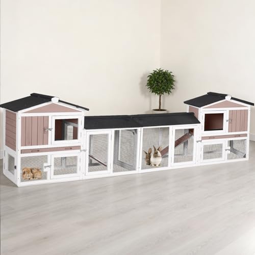 Large Rabbit Hutch Indoor and Outdoor, Bunny Cage with Leakproof Tray and Anti-Chewing Ramp, Wooden Rabbit House for Guinea Pig, Chickens, Duck (Two Sets) - color: Brown, size: 114"L x 21.3"W x 33.4"H