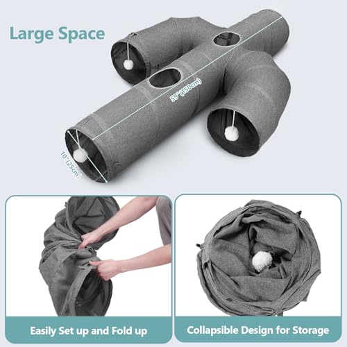 Ownpets Cactus Cat Tunnel 10" with Peek Holes for Indoor Large Cat, Grey | Durable Oxford fabric, noise-free, foldable & connectable, multi-cat friendly, tube for cats up to 20lb, includes ball & wand - size: 10 Inches in Diameter