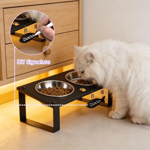 Elevated Cat Bowls with Splash Proof Mat for Kitten Puppy, 10° Tilted Raised Cat Bowl Stand Anti-Vomiting, 2 Wide Shallow Stainless Steel Bowls, Whisker Friendly, 3.5" Tall - color: Black-2bowls