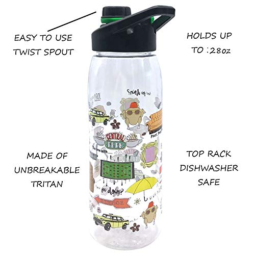 Silver Buffalo FRIENDS Central Perk Doodles Quotes, Water Bottle, 28oz | TV Show, Iconic Frame and Chick and Duck, Yellow, Joey Doesn't Share Food, How You Doin, Includes Screw Top Lid, Picture - color: Friends Iconic Doodles, size: 28 Ounces