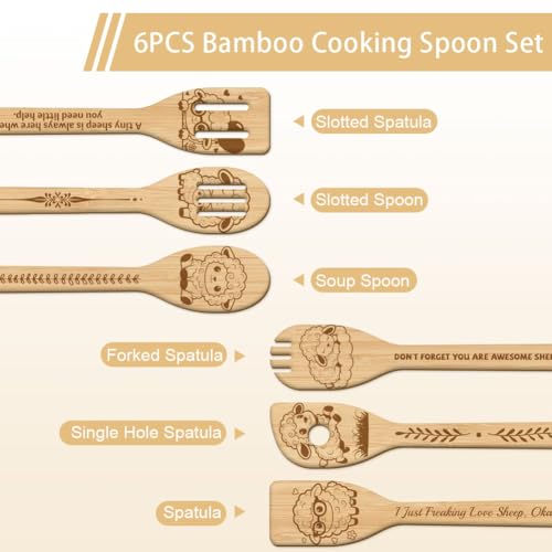GLOBLELAND 6 Pcs Cute Sheep Wooden Spoons Utensil Set Cute Cartoon Sheep Bamboo Carving Kitchen Cooking Utensils Wooden Engraved Cooking Spatula Sets for Kitchen Fun House Warming Gift - color: Sheep