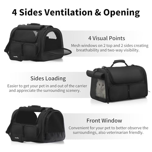 FUKUMARU Cat Carrier, Airline Approved Dog Carrier with Rollable Cover | Breathable Soft Cat Carrier, Multiple Doors & Storage Pockets Cat Travel Bag, Durable Pet Carrier for Cat Under 15 lb, Black - color: Black