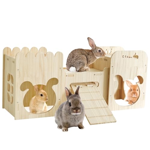 Large Natural Wooden Rabbit Castle,Bunny House,Detachable Rabbit Hideaway, Indoor Hamster Castle with Ramp, Small Animal Houses & Habitats for Guinea Pig Chinchilla Ferret - size: Large Natural wooden