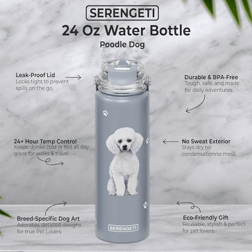 SERENGETI 24 Oz Water Bottle Stainless Steel with Spill Proof Lid - Double walled Vacuum Insulated water flask - Realistic 3D Print of your favorite dog (Poodle) - color: Poodle
