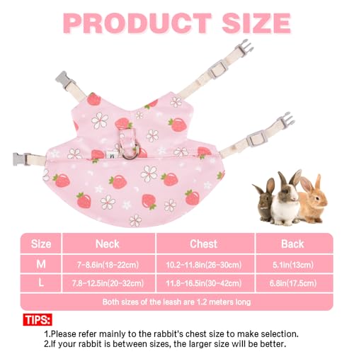 Bunny Harness and Leash Set Adjustable Escape Proof Rabbit Harness Double Buckle Bunny Accessories for Small Animal Pets Walking Training (Pink Strawberry, M -Chest(10.2-11.8in))