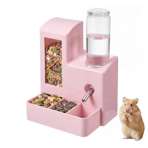 2 in 1 Hamster Water Bottle, No Drip 120ml Hamster Water Bottle, Gravity Hamster Food Bowl with Snack Bowl, Hamster Cage Accessories for Cage for Guinea Pigs