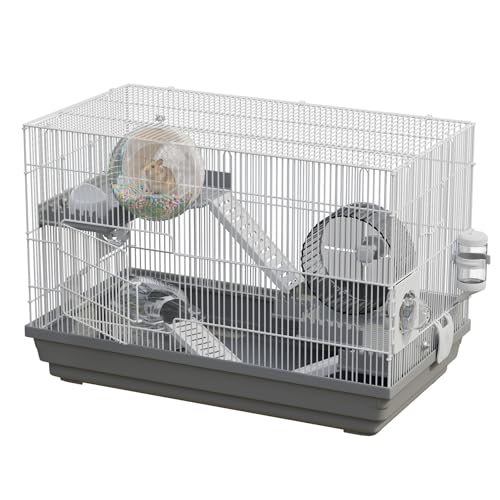 Large Hamster Cage Starter Kit 22x13x15in for Syrian Hamster Dwarf Hamster | Multilevel with Hanging Hideout Ø6", Silent Wheel Ø6", Sand Bath, Tube Ports, Platforms, Ladders, Water Bottle, Food Bowl