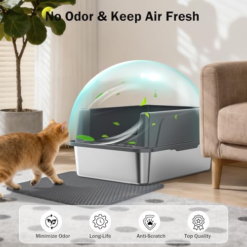 Stainless Steel Cat Litter Box with Lid, High-Sided Metal Litter Pan for Small Cats, Kitty Litter Box, Non-Stick & Odor-Resistant, Anti-Urine Leakage, Easy to Clean, Scoop Included - color: Dark Grey, size: S