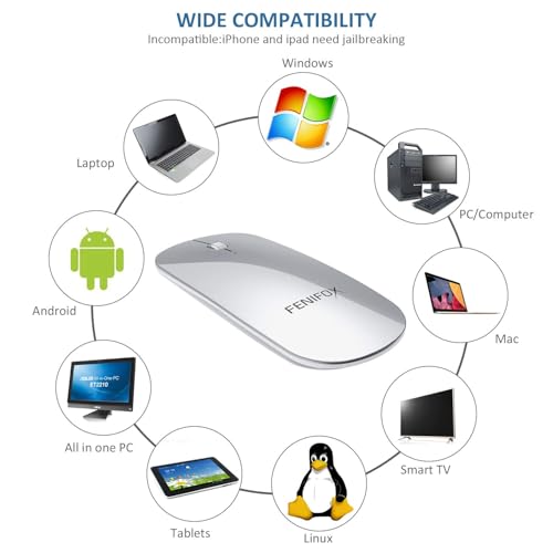 FENIFOX Wireless Bluetooth Mouse, Slim Travel Silent Rechargeable Silver | Flat, Portable, Whisper Quiet, 3 Buttons Design , 2400 DPI Precision for iPad Laptop MacBook Tablet iPhone - color: Silver