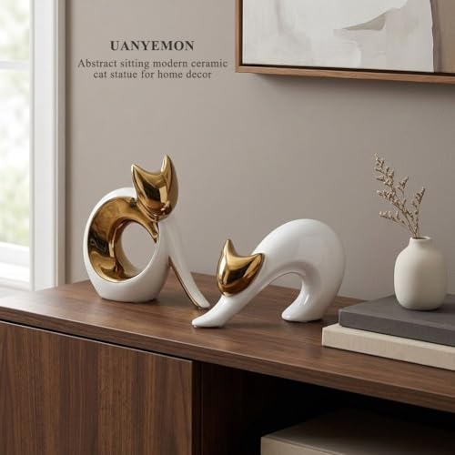 Abstract Sitting Modern Cat Sculpture for Home Decor, 5.9'' White and Gold Ceramic Minimalist Cat Figurine, Decorative Animal Statue for Table Shelf Desk Mantle Entryway, for Cats Lovers - color: Gold