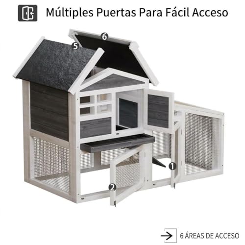 2-Tier Wooden Rabbit Hutch - 54" Indoor/Outdoor Bunny Cage with Weatherproof Asphalt Roof, Non-Slip Ramp & Removable Tray, for Rabbits Guinea Pigs Chickens Grey | Grey Bunny Hutch With Weatherproof Asphalt Roof, Non-Slip Ramp, for Rabbits Guinea Pigs Chic