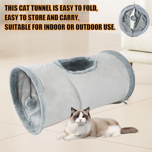 Cat Tunnel,Indoor Cat Play Tube Toys with Play Ball,Durable Collapsible Rabbit Hideaway Tunnel for Kitten,Bunny, Guinea Pig, Rat, Hamster, Ferret, Chinchilla (Grey) - color: Grey