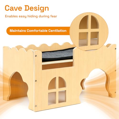 Wooden Guinea Pig Hideout Cave House, Guinea Pig Castle with Natural Cave-Style Entrance, Large Small Animal Habitat with Stairs, Waterproof Liner, Easy Assembly for Guinea Pigs, Rabbits & Hamsters - color: Cave Hideout