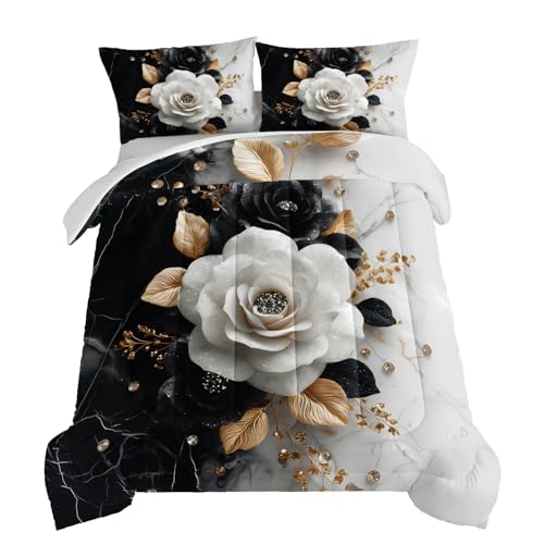 HOSIMA Floral Queen Bedding Sets for Women,Black White Marble Grain Ink Fluid Art Comforter Floral Bedding for Girls Room Decor,Golden Leaves Pattern Lightweight Comforter with 2 Pillowcases. - color: Black, size: Queen