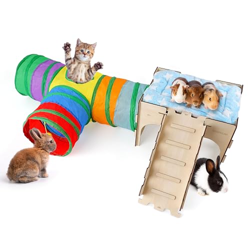 HIIMALEX Castle&Tunnel&Bed 3-in-1 Bunny's Gift Box: Extra Large Wooden Bunny Hideout with Ramp, Collasiple Tunnel and Soft Bed for Rabbit Guinea Pig Ferret Gerbil Hedgehog to Play Hide and Rest
