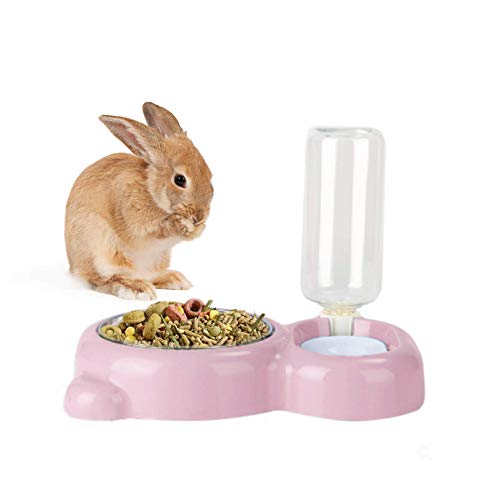 Rabbit Double Bowls Bunny Automatic Water Dispenser Detachable Stainless Steel Bowl No-Spill Water Bottle Food Feeder for Small Animals Bunny Squirrel Cat Puppy Chinchilla - color: Pink