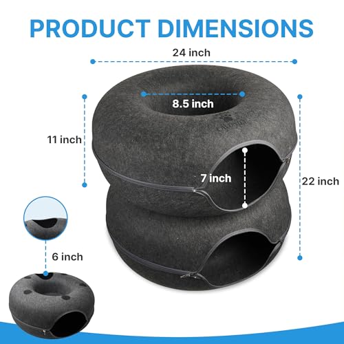 2-Level Detachable Large Cat Tunnel Bed for Indoor Cats, Scratch-Resistant Felt Donut Cat Cave, Supports Up to 30 lbs, Peekaboo Cat Tube (Dark Grey, L 24 x 24 x 22 in)