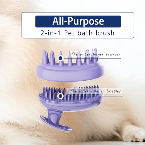 All-purpose Dog Shampoo Bath Brush,Pet Grooming & Soothing Massage Silicone Brush,Fits Ergonomically in the Hand for Long Short Haired Dogs and Cats(Purple) - color: Purple