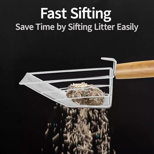 UFECODO Fast Sifting Cat Litter Scoop with Holder Stand, Stainless Steel Poop Scooper with Ergonomic Wood Handle, Heavy Duty and Easy Clean - size: 0.3inch gap