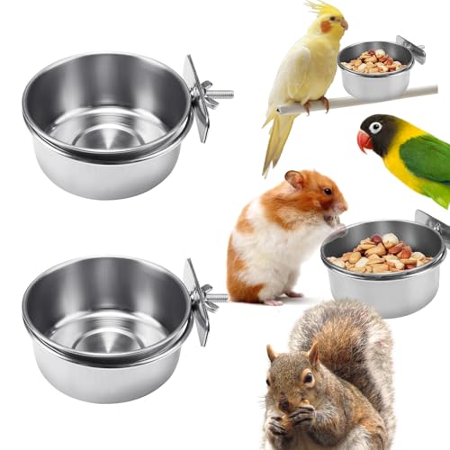 2 Pack Stainless Steel Bird Food Bowls with Clamp - Rust Proof Metal Feeding Cups for Parrot Cage, Easy Clean Water Dish for Cockatiel Conure Budgie Parakeet Small Animal (3.9 Inch, Silver)