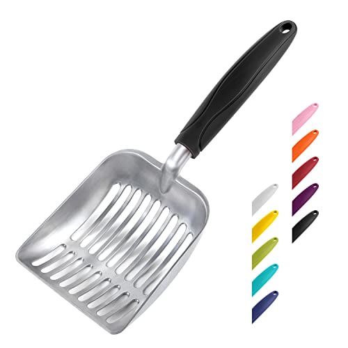 Cat Litter Scoop, Aluminum Alloy Sifter, Kitty Metal Scooper, Deep Shovel, Long Handle, Poop Sifting, Kitten Pooper Lifter, Durable, Heavy Duty, for Litter Box - color: FLAT Aluminum \ #06 Black Handle, size: Small