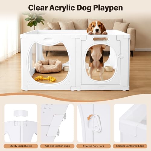 Clear PET Dog Playpen Indoor, 8-Panel Heavy-Duty Transparent Puppy Playpen, Modular Pet Fence Enclosure for Small Medium Dogs, Easy to Assemble (White, 24 Inch H, 8 Panels) - color: White