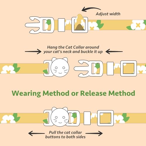 2 Pack Cotton Cat Collar Green and Yellow Flowers Cute Kitten Cat Collar | Breakaway Breathable Soft material With cute pendants with Bell - color: Green&Yellow