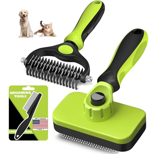 Professional 3PCS Self Cleaning Slicker Brush & Pet Grooming Rake & Flea Comb for Dogs,Cats and Horses | Double-Sided Dematting Comb & Skin Friendly Deshedding Grooming Tool | Pet Supplies (Green) - color: Green