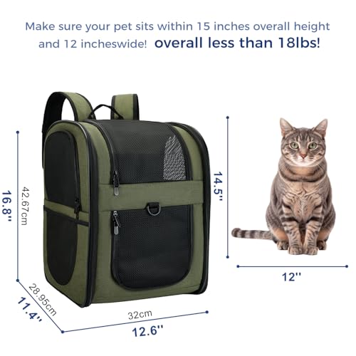 Apollo Walker Cat Carrier Backpack for Small Dogs and Cats Up to 18 lb | Side Pockets, Four-Sided Breathable Mesh, Stability Package, Removable Pad,3D back panel,Thickened shoulder straps - color: Green