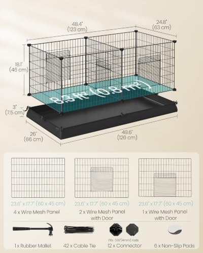 SONGMICS Guinea Pig Cages, Metal Grid Small Animal Playpen with Waterproof Washable Liner, 2 Separate Spaces for Rabbits, Ferrets, Bunnies, Hedgehogs，48.4 x 24.8 x 18.1 Inches, Black ULPI07H - color: Black, size: 48.4"L x 24.8"W x 18.1"H, style: 7 Panels