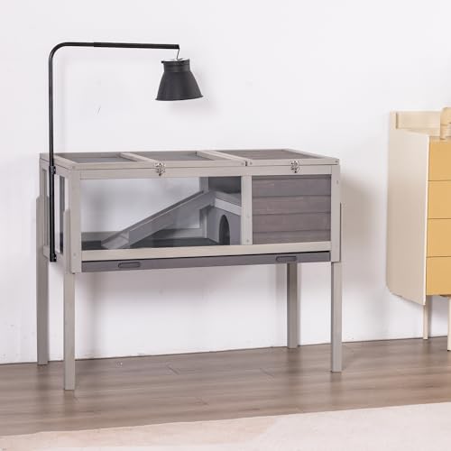 BIRASIL Wood Tortoise Enclosure with Adjustable Light Stand,2-Tier Habitat Reptile Cage with Feeding Area Swimming Area, Turtle House for Small Animals Lizards Hamster (Gray) - color: Gray