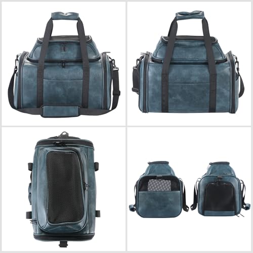 Premium Leather Top Expandable Pet Carrier for Small Dogs & Cats Under 15 lbs, Airline Approved Collapsible Soft-Sided Luxury Travel Bag Blue - color: Blue
