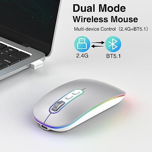 cimetech Rechargeable Wireless Mouse, Dual Mode Mouse-Silver | 2.4G & BT Slim Mouse for MacBook,Silent Click, 1600 DPI for Office Travel Mac Air Pro/PC/Laptop/Computer - color: Silver