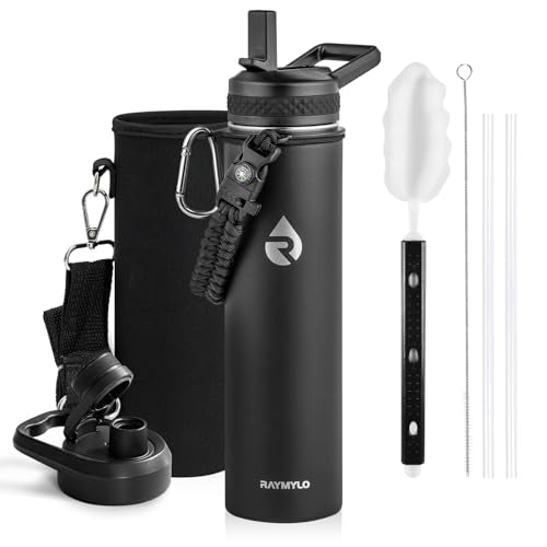 RAYMYLO Insulated Water Bottle 24 oz, Triple Wall Vacuum Stainless Steel | (Cold for 24Hrs, Hot for 12Hrs), Leak Proof & Non-BPA, Modern Water Flask Jug with Paracord Handle & Straw Spout Lids - color: Magic Black, size: 24 Ounces