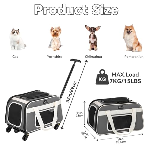 Petsfit Cat Carrier with Wheels, Removable Spinner Wheels, Up to 13 lb | Fits pets up to 15 L x 8 H in and 13 lb; removable spinner wheels, anti-sag frame, 4-sided mesh, safety tether and locks. - color: Medium Gray, size: 20.1"L x 12.2"W x 14.2"H