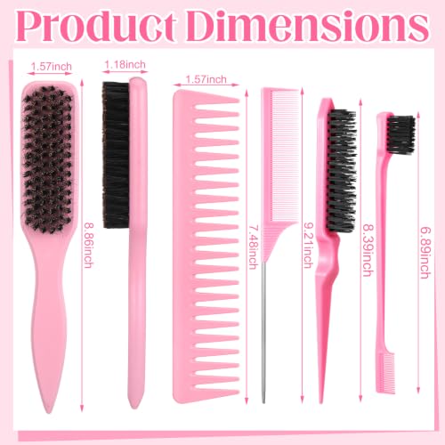 5 Pcs Pink Slick Back Hair Brush Set, Boar Bristle Hair Brush with Wide Tooth Comb, Edge Brush, Teasing Brush, Rat Tail Comb for Women Men - color: Pink